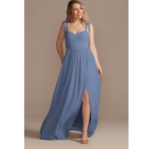 🩵 Davids Bridal TIE-STRAP CHIFFON SWEETHEART LONG BRIDESMAID Dress 🩵